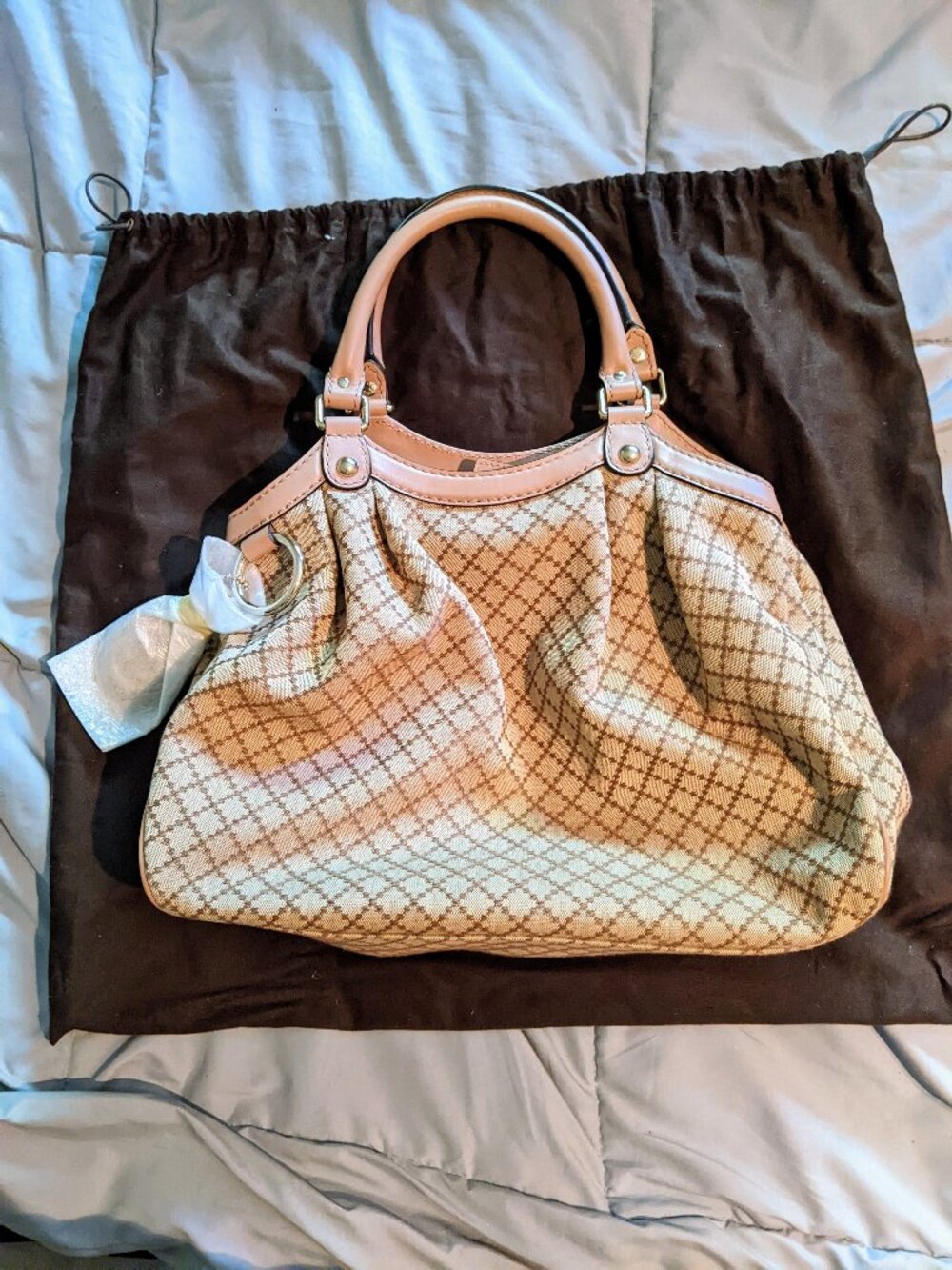 New Authentic Gucci Beige Diamante Medium Sukey Tote Canvas Leather Powder Pink